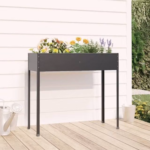 Berkfield Home Garden Anthracite Galvanised Steel Planter in Black W/D/H: 100.5 x 40.5 x 90 cm