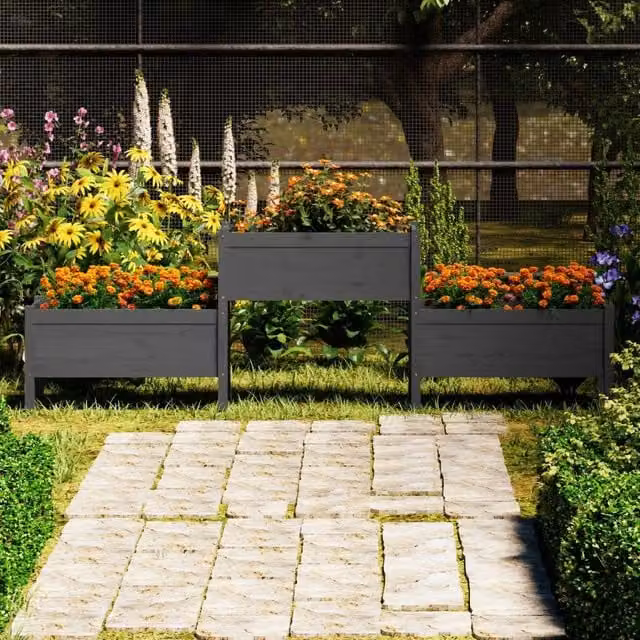 Berkfield Home Grey Solid Wood Pine Raised Bed Planter W: 245.5 cm, D: 44 cm, H: 75 cm