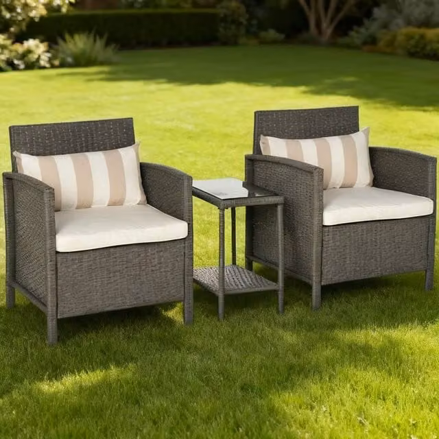 ERGOVEXA 3 Piece Rattan Bistro Set with 2-Tier Glass Top Coffee Table in Light Grey – 1