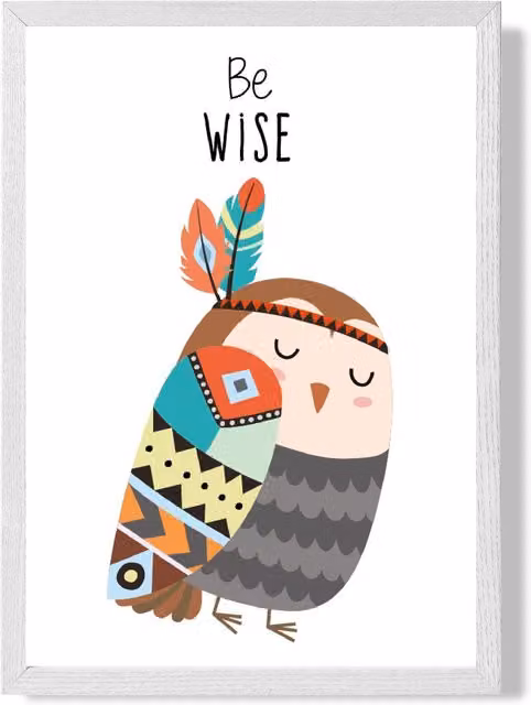 ARTZE Be Wise Owl Tribal Animal Quote Framed Print in Grey and White, A3
