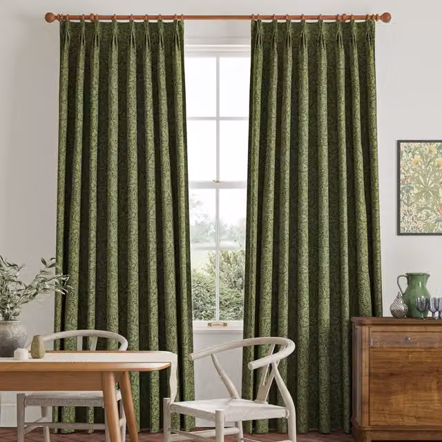 William Morris Acorn Moss Green Floral Velvet Made To Measure Opaque Curtains