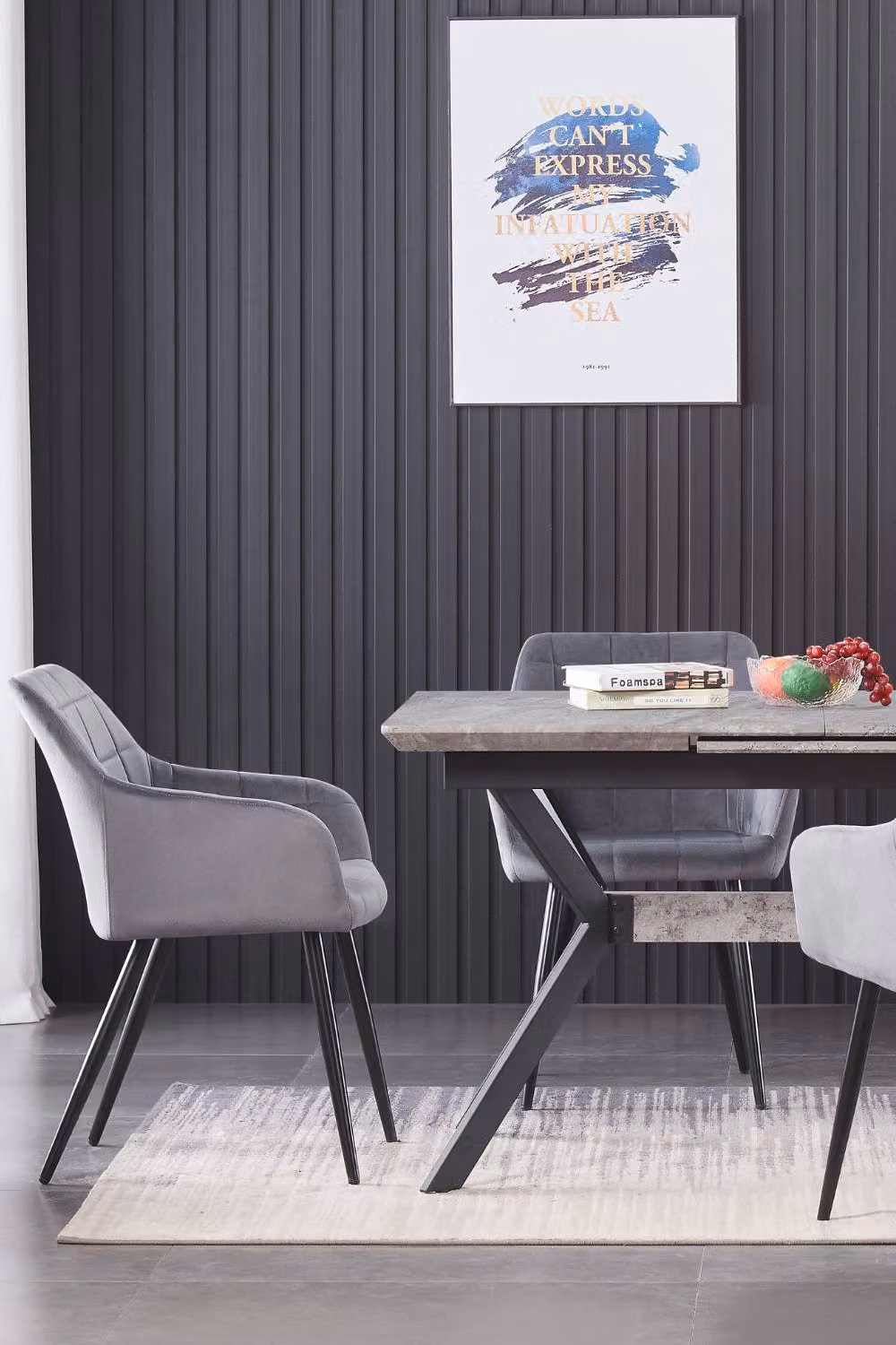 Life Interiors Camden Modern Velvet Dining Chair with Armrests and Black Metal Legs in Dark Grey – 8