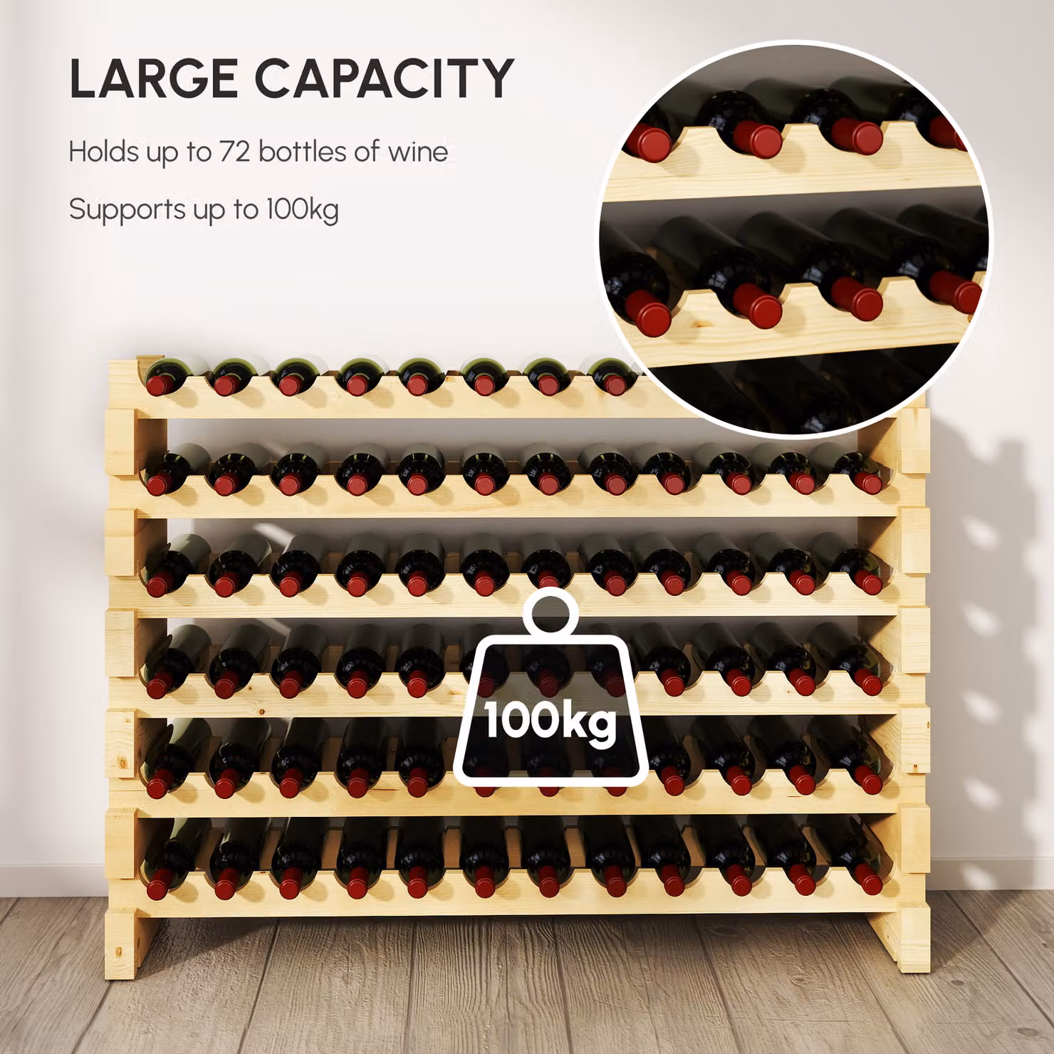 HOMCOM 6 Tier Pine Wood Wine Rack Holder in Light Brown, Holds 72 Bottles, W/D/H: 85 x 28 x 28 cm – 6