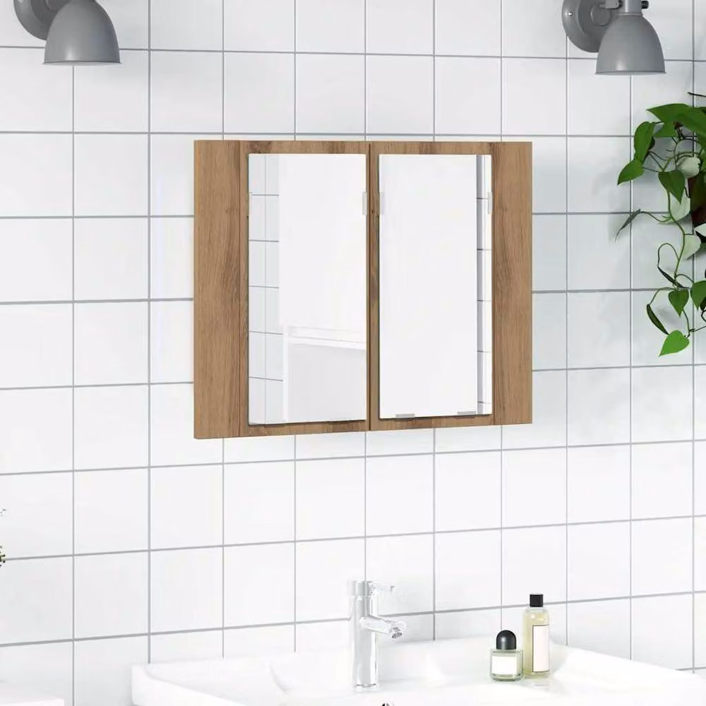 Berkfield Home Artisan Oak LED Mirror Cabinet in Brown, W/D/H: 60 x 12 x 45 cm – 2