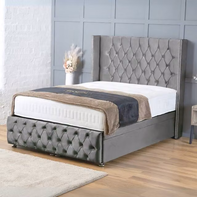 BSSPOKE Mayfair Ottoman Divan Bed in Grey Plush Velvet with 54 inch Headboard, W/D/H: 140 x 200 cm – 1