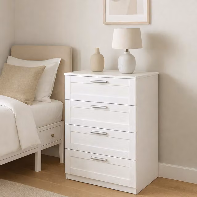 Home Treats Modern White Wooden Bedroom Furniture Set with Wardrobe, 4 Drawer Chest and Bedside Table