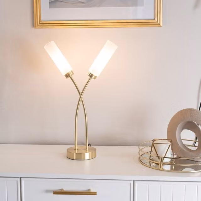 ValueLights Maya 2 Way Curved Cross Over Reed Shaded Table Lamp in Gold/Brass