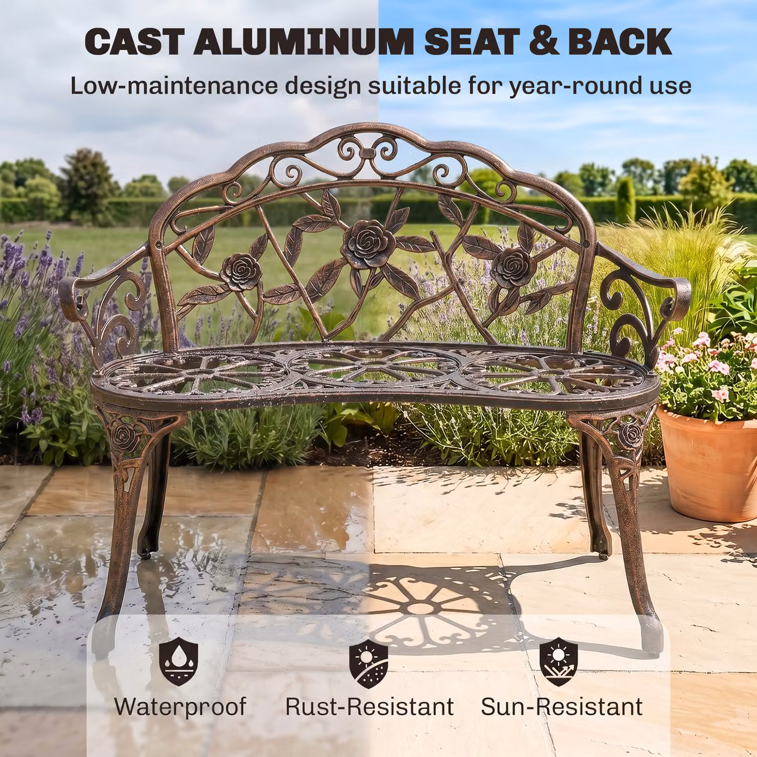 Outsunny Cast Aluminium Garden Bench in Bronze Finish, Weatherproof Outdoor Patio Loveseat with Armrests – 5
