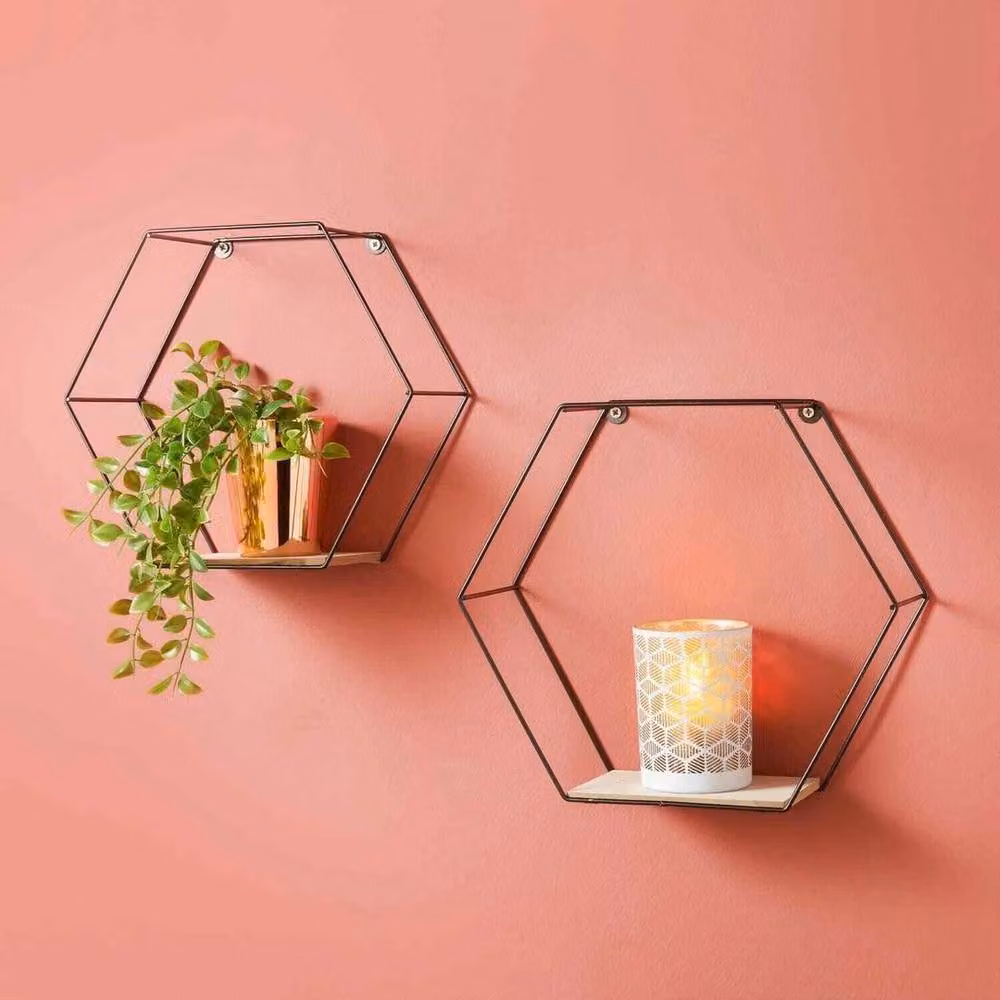 FLAVORA Set of 2 Black Metal Wall-Mounted Floating Shelves with Wire Design, Width: 50 cm – 2