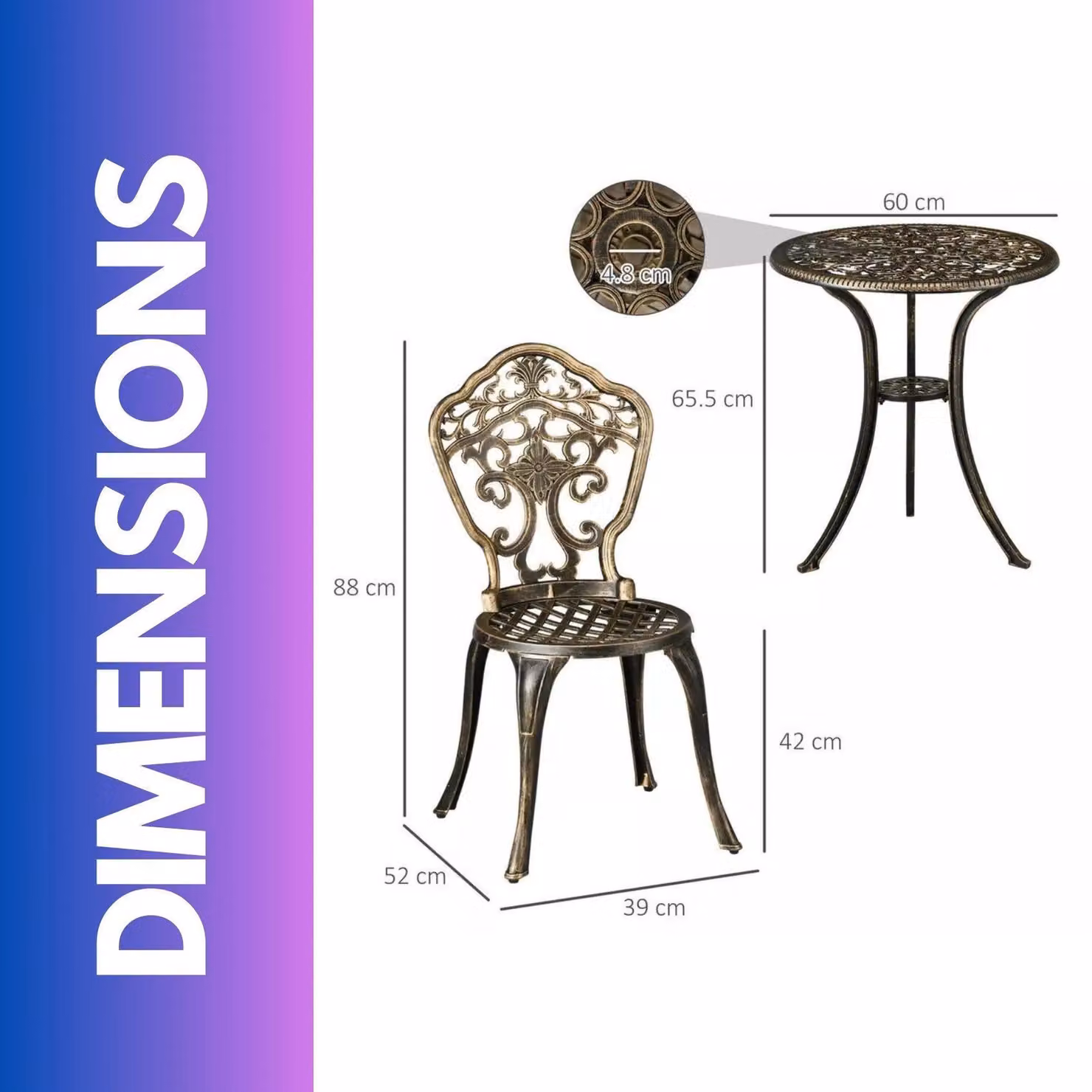 FURNOS Set of 3 Cast Aluminium Bistro Table and Chairs with Parasol Hole in Bronze – 3