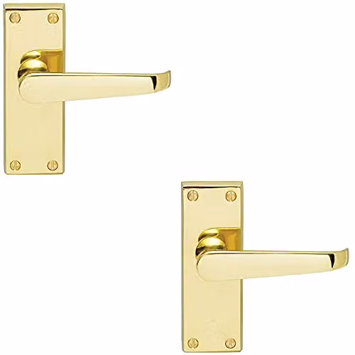 Loops 2 Pack Straight Victorian Lever on Rectangular Latch Backplate Door Handles in Polished Brass