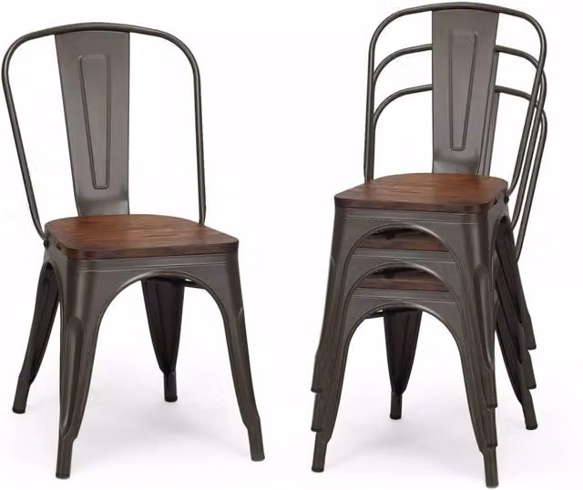 Costway Set of 4 Industrial Stackable Dining Chairs with High Backrest in Brown – 1