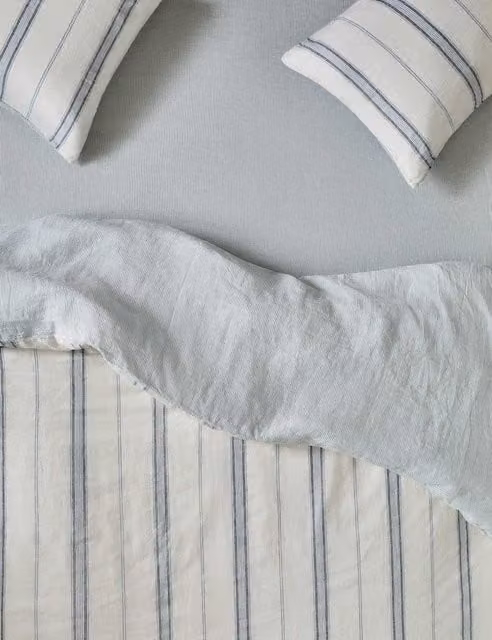 Piglet In Bed Pure Linen Farmhouse Stripe Fitted Sheet, Blue and White, 180 x 200 cm