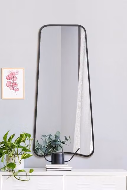 MirrorOutlet Black Metal Trapezoid Shape Framed Wall Mirror, W: 58 cm, H: 122 cm – 1
