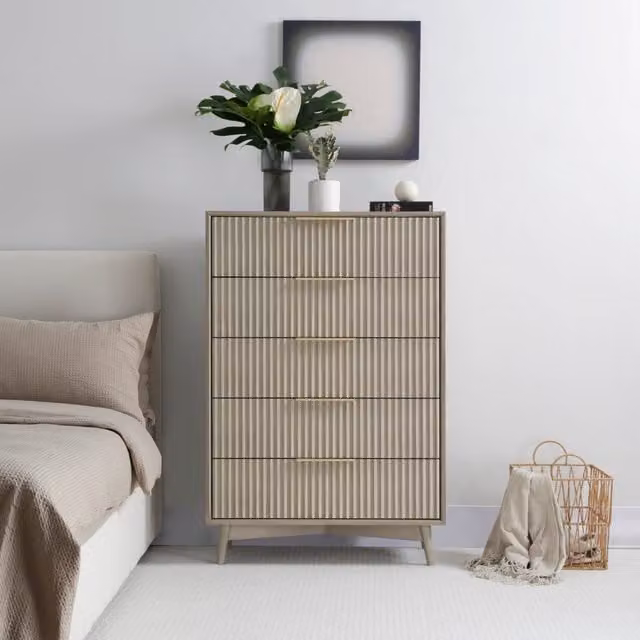 Monza Tall Chest of 5 Drawers with Fluted Detailing in Grey