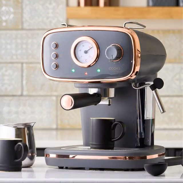 Cooks Professional 15-Bar Retro Espresso Coffee Machine with Steam Wand in Grey and Stainless Steel