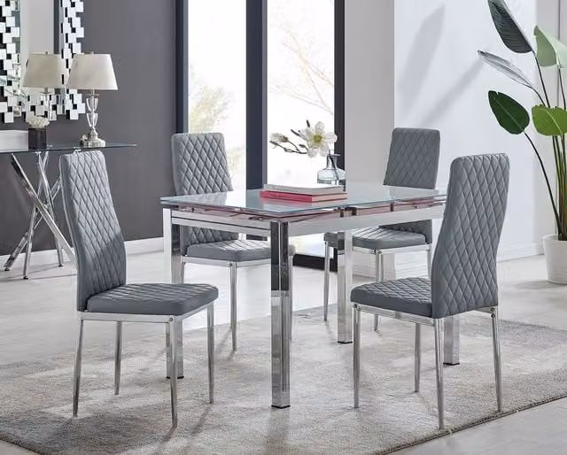 FurnitureboxUK Enna White Glass Extending 4-6 Seater Rectangular Dining Table and 4 Milan Grey Faux Leather Chairs Set
