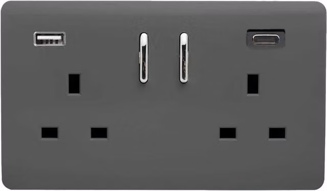 Trendi 2 Gang 13 Amp USB Switch Plug Socket with Type A and C Ports, Charcoal Grey