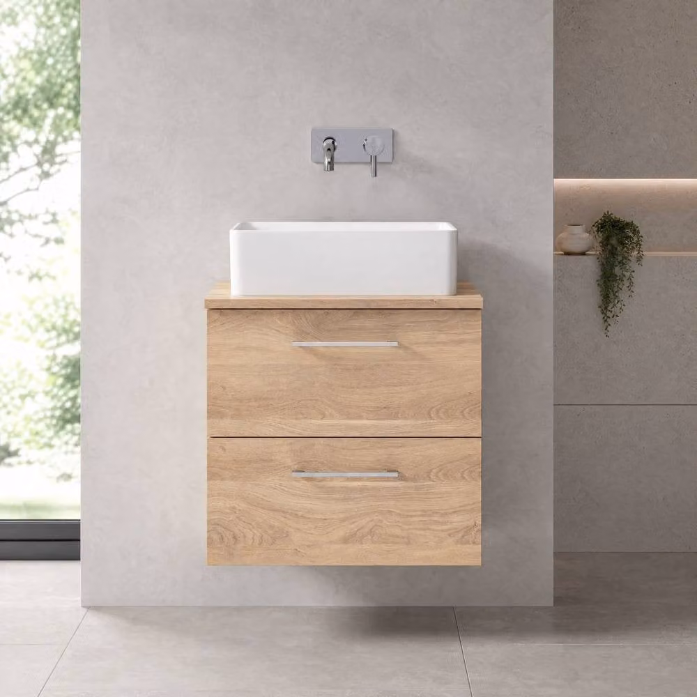 Balterley Level 600mm Wall Hung 2 Drawer Bathroom Vanity Unit with Worktop in Bleached Oak Brown – 2