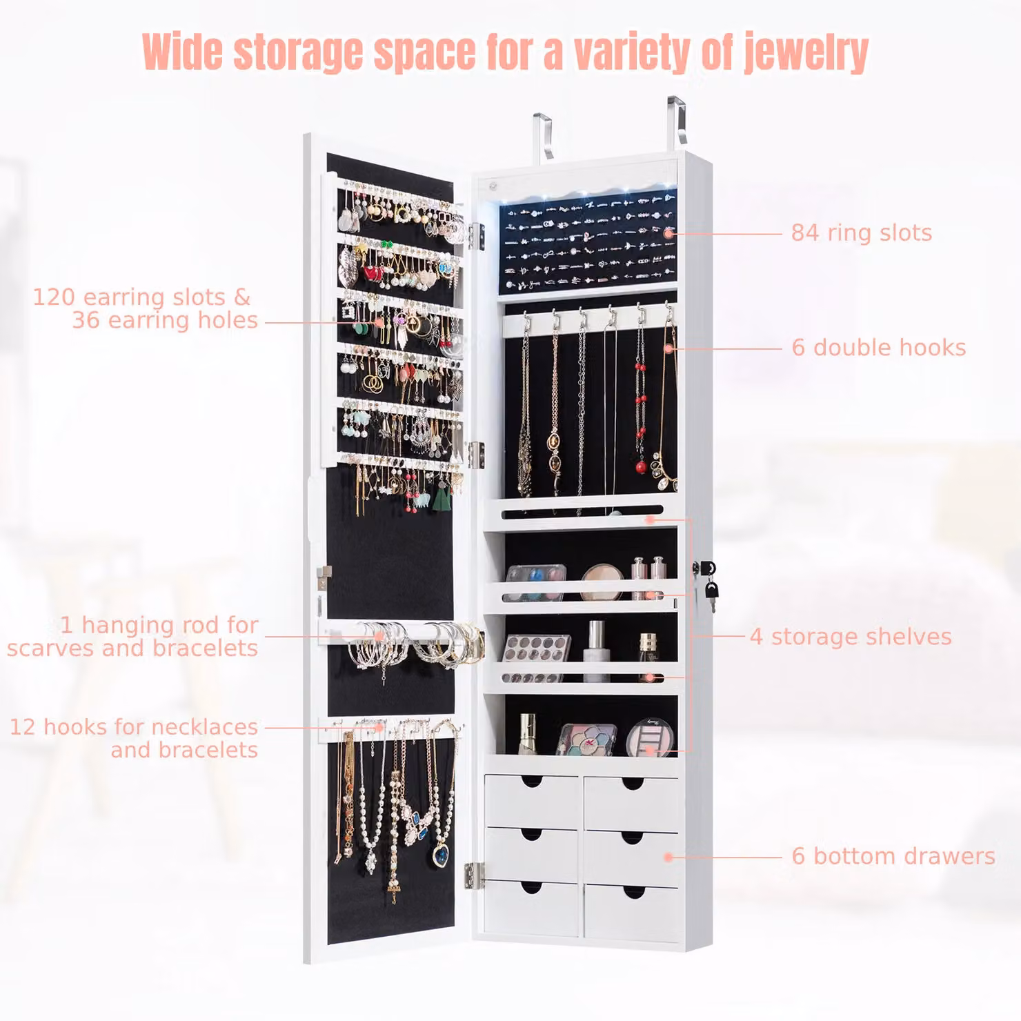 Costway White Jewelry Armoire with Mirror and Integrated LED Lighting, Wall or Door Mounted – 3