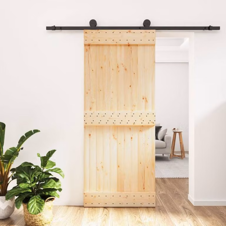 Berkfield Home Modern Sliding Door with Hardware Set in Brown Solid Wood and Steel, W: 85 cm, H: 210 cm