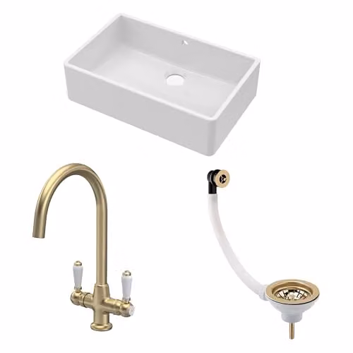 Balterley White Ceramic Butler Sink with Mono Lever Mixer Tap and Waste, Single Bowl Apron Front Design, White and Gold