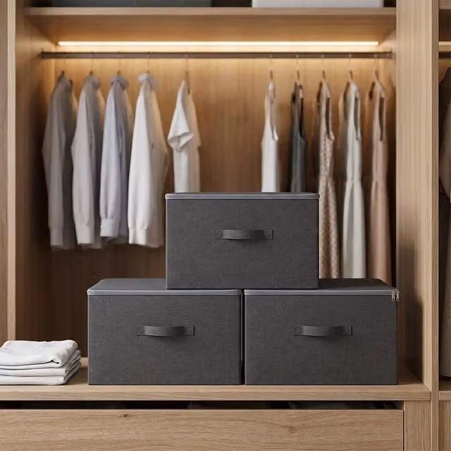 EONLION Pack of 3 Foldable Fabric Storage Cubes with Lids in Grey, W/D/H: 50 x 50 x 26 cm – 1