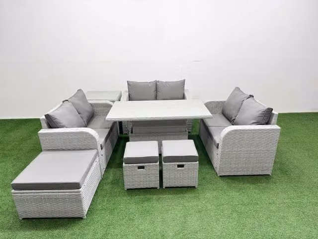 Fimous 9 Seater Grey PE Wicker Rattan Garden Furniture Set with U-Shape Sofa, 2 Seater Love Seat, 3 Stools, Matching Ottoman and Adjustable Lifting Coffee Table