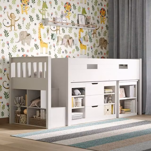Flair Furnishings Charlie Mid Sleeper Cabin Bed with Stairs and Storage in White and Grey – 1