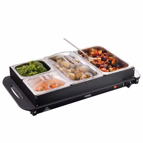 Cooks Professional 4-Section Electric Buffet Warmer with Hotplate Function and Adjustable Temperature Control, 7.2 Litre Capacity, Black