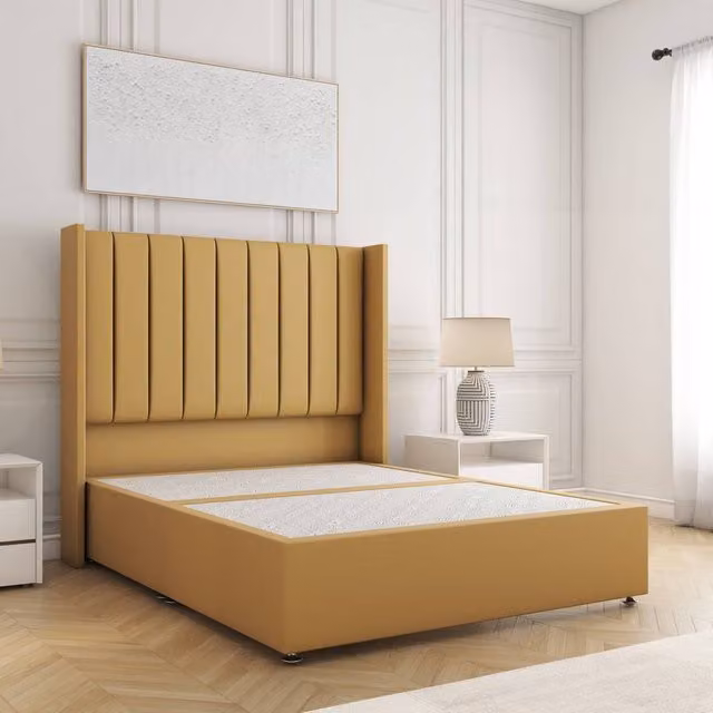 BSSPOKE Hannah Super King Divan Bed with 54 inch Headboard in Mustard Yellow Plush Velvet