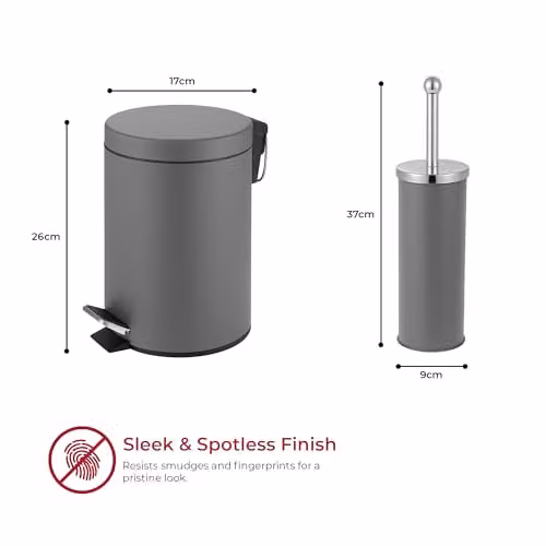 iTrend Grey 3L Pedal Dustbin and Toilet Brush Set with Holder, Made from Powder Coated Steel and Stainless Steel – 3