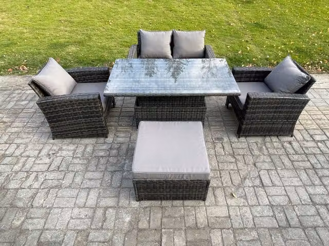 Fimous 5 Seater Rattan Outdoor Garden Dining Set in Dark Grey with Height Adjustable Lifting Table and Footstool