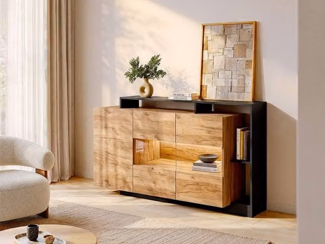 Vente-unique Modern Sideboard with 3 Doors, 3 Recesses and Integrated LED Lighting in Light Grey – 1