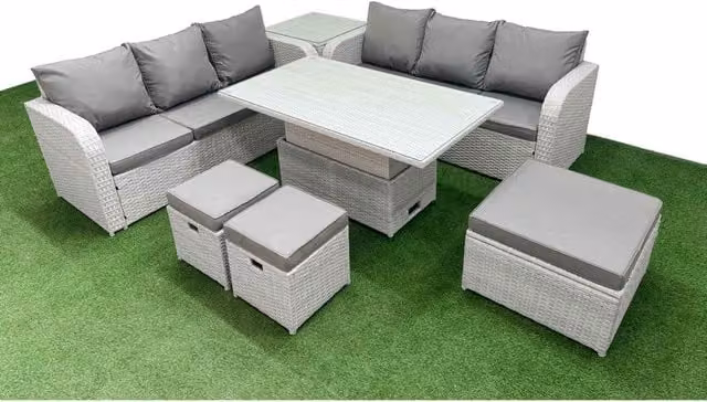 Fimous 9 Seater Wicker Rattan Garden Sofa Set with Lifting Dining Table in Light Grey and Dark Grey