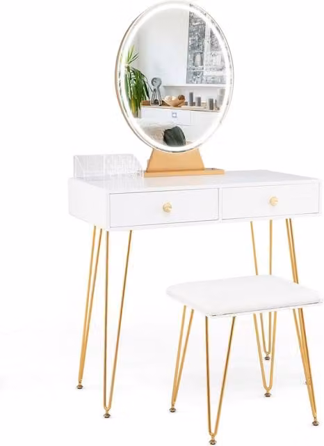 Gymax Modern White and Gold Vanity Set with LED Hollywood Mirror and Cushioned Stool