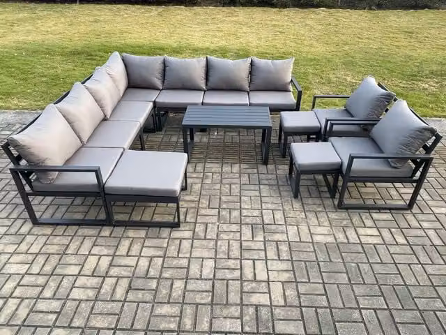 Fimous Modern Aluminium Outdoor Garden Furniture Set in Dark Grey featuring L-Shape Corner Sofa, Oblong Coffee Table, 2 Chairs and 3 Footstools