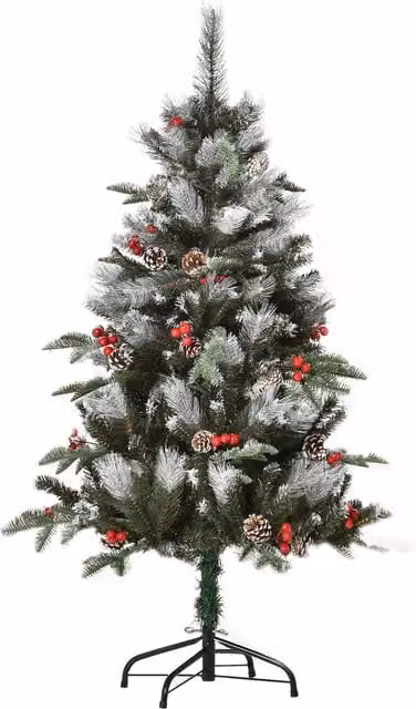 HOMCOM 4ft Artificial Snow Dipped Christmas Pencil Tree with Berries and Pinecones, Green