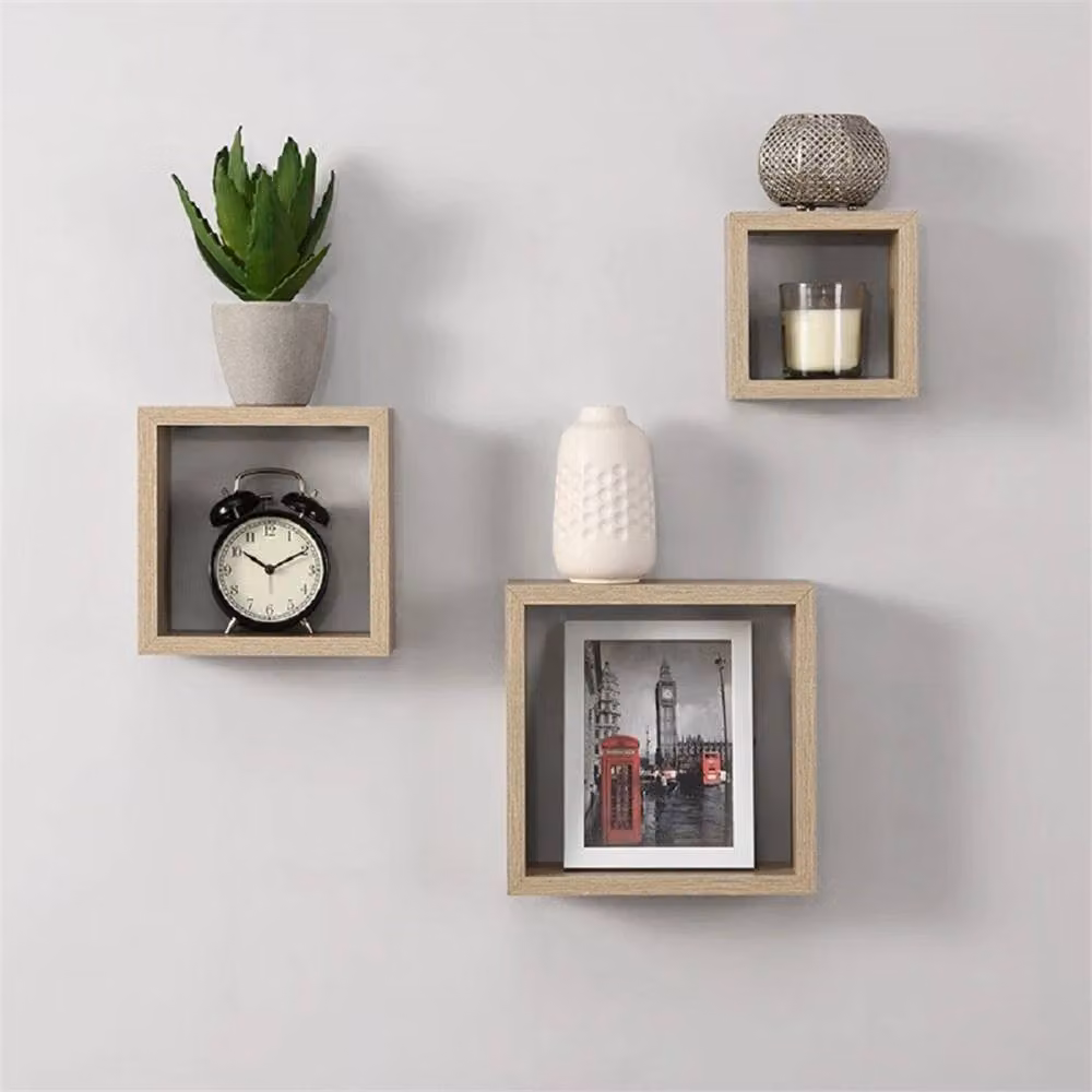 Kelvenix Modern Wall Mounted Floating Cube Box Shelf Set in Light Oak Brown – 2