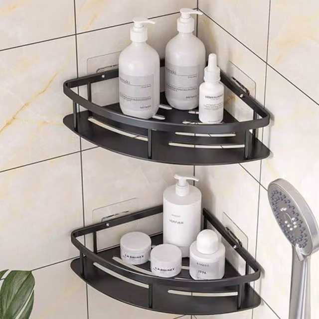 Kelvenix 2-Piece Black Aluminium Corner Shower Caddy with Hooks – 1