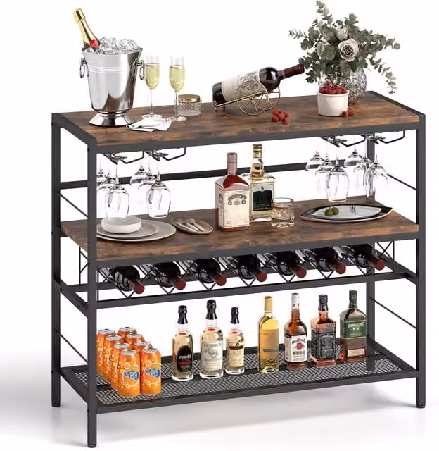 Gymax Industrial Freestanding Wine Bar Table with 4 Glass Holders in Brown
