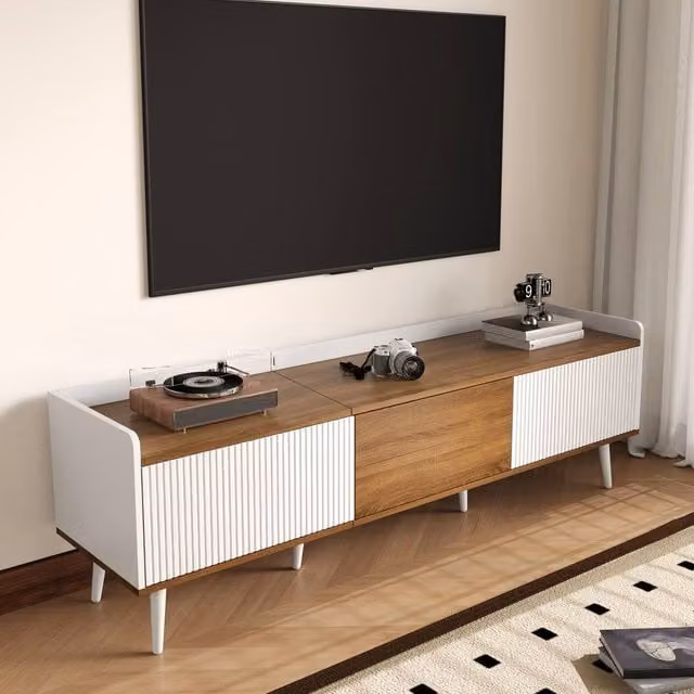 Merax Mid-Century TV Cabinet in White with Fluted Contrast Doors, W/D/H: 160 x 49.5 x 49.5 cm – 1