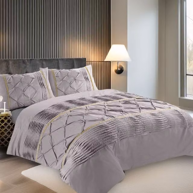 Snug City Modern Pintuck Border Pleated Duvet Cover and Pillowcase Set in Silver, Single, W: 90 cm, L: 200 cm – 1