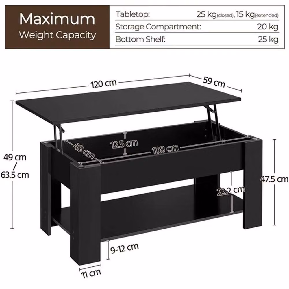 KORVIXA Modern Black Lift Top Coffee Table with Hidden Compartment and Open Shelf, W/D/H: 100 x 59 x 49 cm – 2