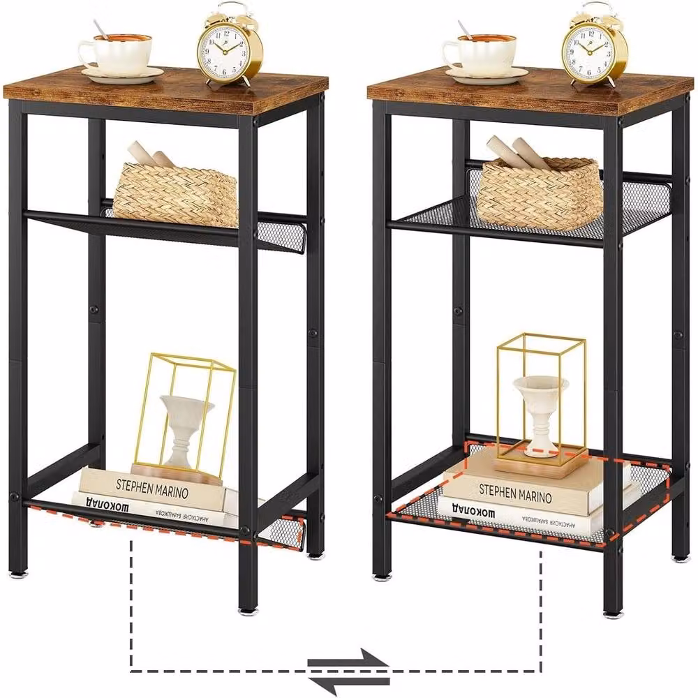 FORGEVIO Industrial Tall Side Table and Nightstand with Shelves, Brown – 3