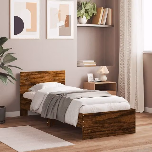 Berkfield Home Single Bed Frame with Headboard in Smoked Oak Brown, W/D/H: 90 x 190 cm – 1