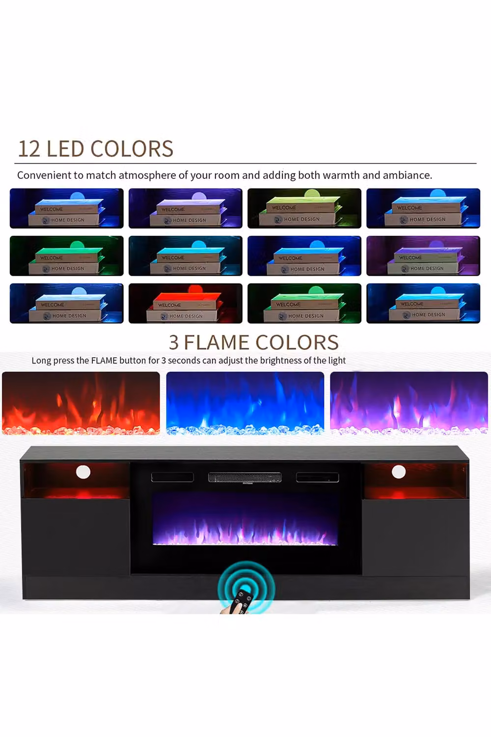 Living and Home Modern Glossy Black Recessed Electric Fireplace TV Stand with Remote Control – 2