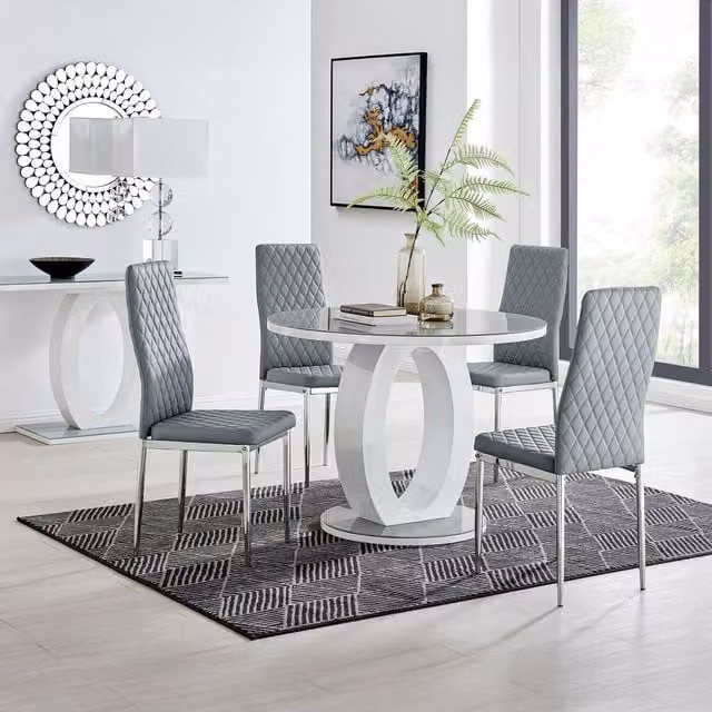FurnitureboxUK Giovani Round Glass Dining Table and 4 Milan Chairs Set, Grey, Diameter: 120 cm