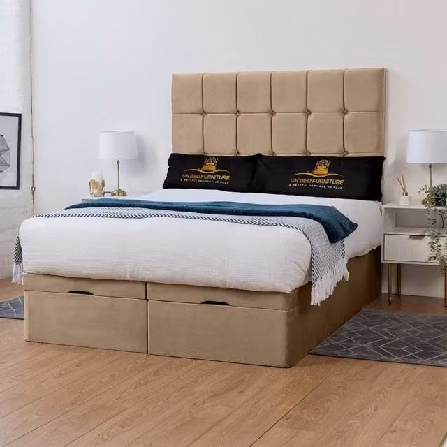 UK Bed Furniture Florence Divan Ottoman Storage Bed with End Lift and 54 Inch Headboard, Beige, W/D/H: 200 x 167.16 x 137.16 cm – 1