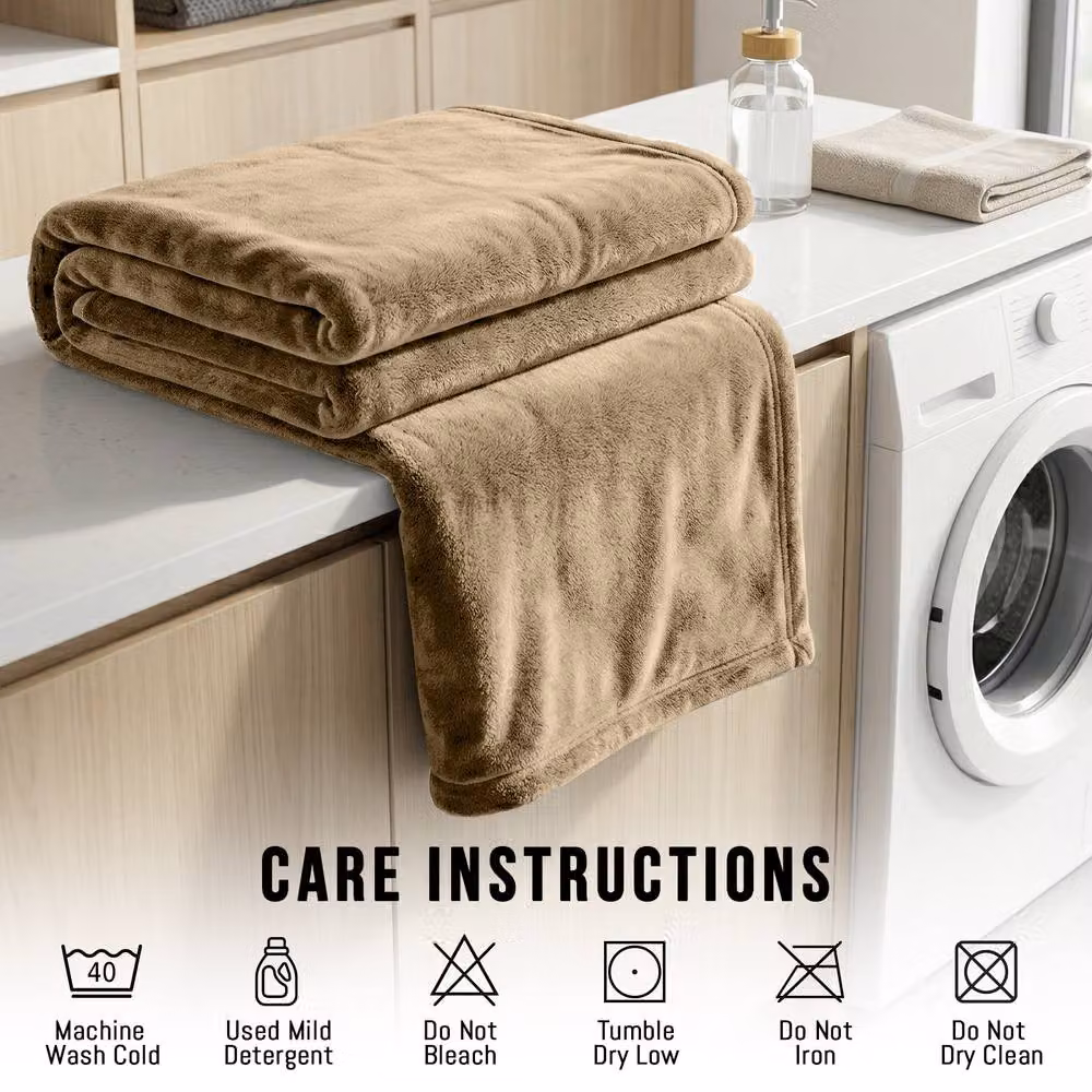 Pamposh Reversible Flannel Fleece Blanket in Camel and Beige – 7